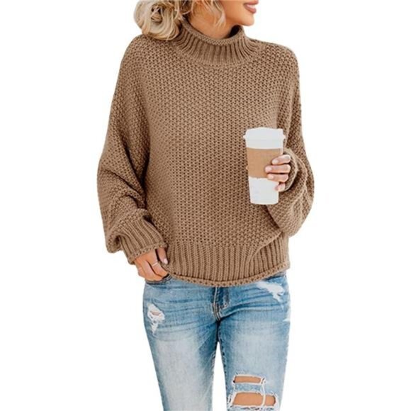 Womens Turtleneck Oversized Sweaters Batwing Long Sleeve Pullover‎ Loose Chunky - Picture 1 of 6